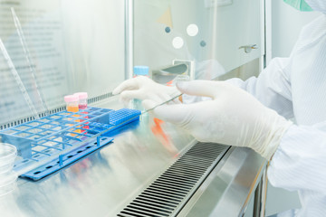A scientist in sterile coverall gown preparing growth medium and reagent for cell cuture assay in biological safety cabinet (BSC). Doing molecular experiment in cleanroom facility.
