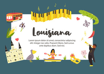 Naklejka premium Louisiana poster with symbols and elements