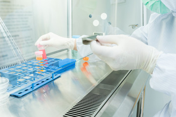 A scientist in sterile coverall gown preparing growth medium and reagent for cell cuture assay in biological safety cabinet (BSC). Doing molecular experiment in cleanroom facility.