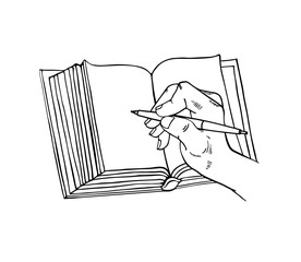 Graphic illustration with open book, hand and pen. Writing hand on  pages. Line art.
