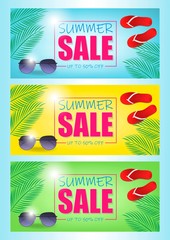 Summer sale vector banner set with 50 off discount text and summer elements in colorful backgrounds for web shopping promotions. Colors blue, yellow, green. Vector illustration.
