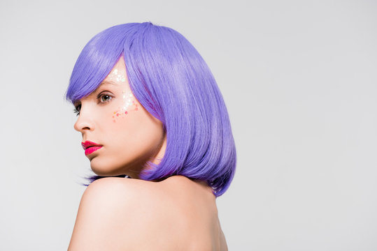 Pretty Naked Girl In Purple Wig Isolated On Grey