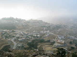 Aerial view to Hajjah city and Haraz mountain, Yemen