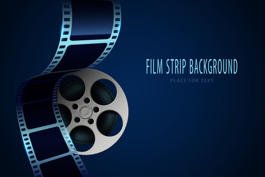 Real film strips in waveform with cinema rell.Vector poster design template. 3d flyer or poster festival isolated on blue background. Movie time background. Cinematography concept of film industry.