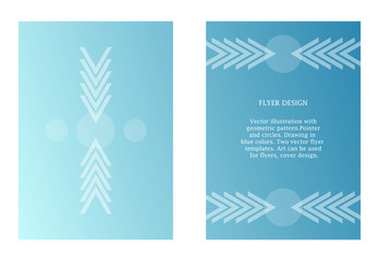 Two vector templates of flyers in blue color. Art with graphic pointer and circles. Modern minimalism art. Abstract ornate.