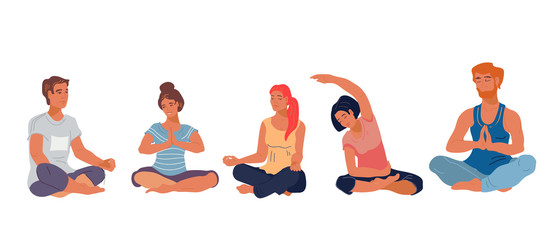 Active athletic people in sportswear sitting in the relaxing  meditative pose at yoga class. Flat vector illustration isolated on the white background. Men and women wellness and yoga banner.