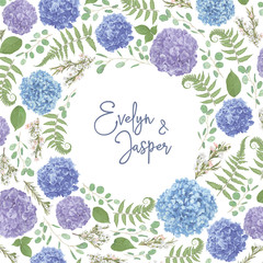 Wreath with flowers and leaves isolated on white background. leaves, branches eucalyptus, gaultheria, salal, chamaelaucium, fern.Blue, purple, of flowers hydrangea.Invitations, round cards. Design