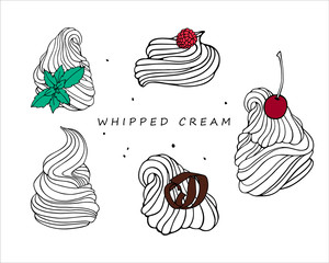 Whipped cream, yogurt, ice cream with cherry, raspberry,  mint leaves and chocolate chips. A set of graphic hand drawn elements. - 270600748