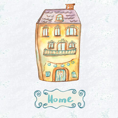 Watercolor illustration of a cartoon yellow house with windows. Cute buildings. Children's illustration of a cute house.
