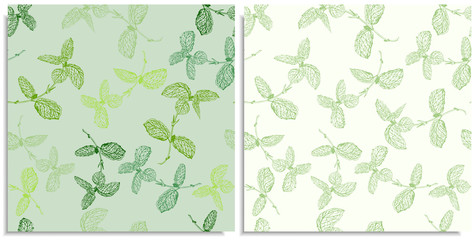 A vector set of a seamless pattern with sprigs of mint. Hand-drawn on sheet at the graphic style. Only lines, compound path, good for make new brush. Different colors, peppermint, green color shades © Juli Ju