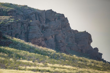 Amazing landscape of mountain Big Bogdo and feather grass. Russia