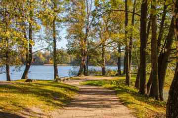 Obraz premium Beautiful autumn park near the lake in Trakai. Lithuania