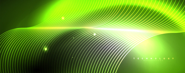 Fototapeta premium Shiny neon lights, dark abstract background with blurred magic neon light curved lines