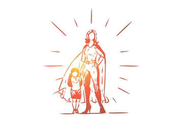 Best mother and daughter holding hands, female superhero in costume with cape, little girl with parent, motherhood
