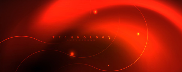 Bright neon circles and wave lines, glowing shiny background design template, digital techno concept.