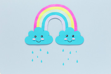 Background with cute Rainbow Rain Clouds of paper kawaii