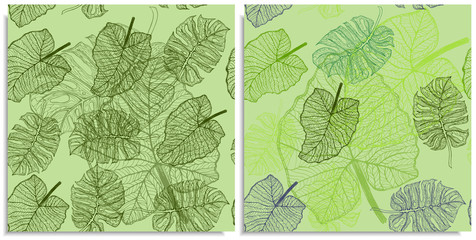 A vector set of a seamless pattern with sprigs of jungles leaves. Hand-drawn on sheet at the graphic style. Lines, compound path. Green color shades, monstera, alocasia, colocasia jungle leaves