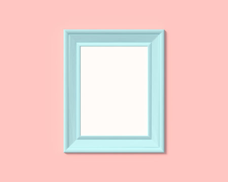 3x4 Vertical Portrait picture frame mockup. Realisitc paper, wooden or plastic blue blank for photographs. Isolated poster frame mock up template on pink rose background. 3D render.