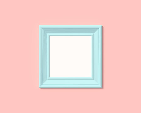 1x1 square picture frame mockup. Realisitc paper, wooden or plastic blue blank for photographs. Isolated poster frame mock up template on pink rose background. 3D render.