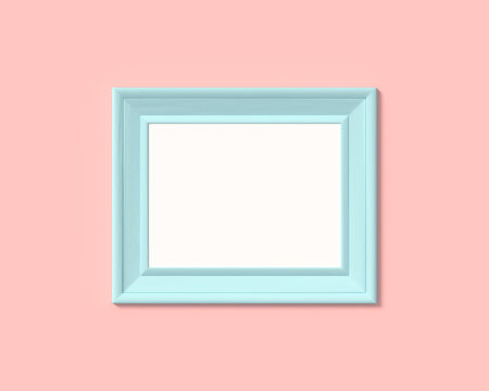 3x4 horizontal landscape picture frame mockup. Realisitc paper, wooden or plastic blue blank for photographs. Isolated poster frame mock up template on pink rose background. 3D render.
