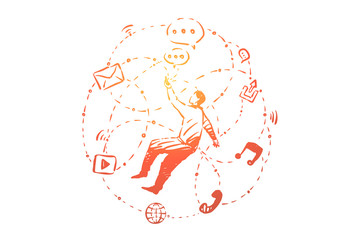 Obraz premium Young man in cyberspace, user surrounded with social media symbols, online communication, chatting