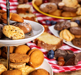 Cookies and sand biscuit on tier cake stand with blueberry chocolate on kitchen on picnic table in rustic natural style .