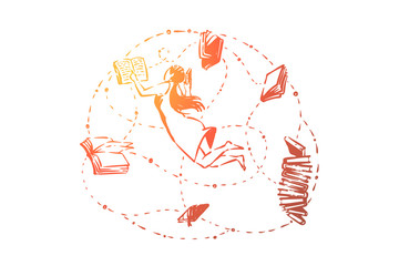 Smart girl reading books, college student learning, bookworm, school pupil studying, exams preparation