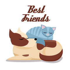 Flat cartoon illustration cat sleeps comfortably on dog. Sweet dreams of furry pets. Cute best friends sleeping brown dog and grey cat on white background