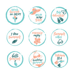 Hand drawn labels, stickers of summer with hand lettering