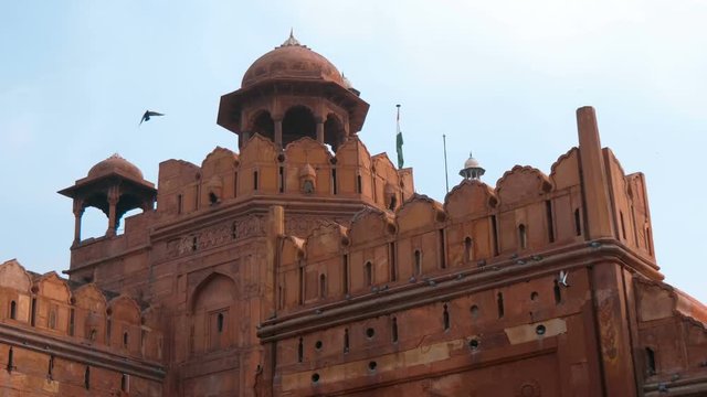 Red Fort the famous national landmark built of red sandstone in Old Delhi, India. Other name is lal Kila. Shot in motion