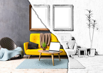 Livingroom sketch project and rendered realisation - concept