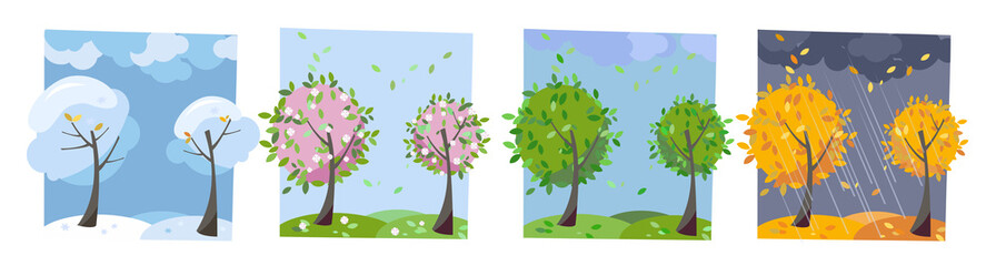 Obraz premium Four seasons landscape. Summer, fall, spring and winter trees. Different times of year. Set of four non-parallel pictures with view of nature. Flat cartoon illustration. Trees with round crown