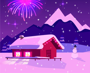 Flat illustration of fireworks over mountain landscape with one-story country house with lighting windows. Purple-pink colors of night. Holiday at ski resort with snowman and snowfall.