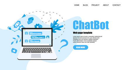 Webpage Template. Chatbot business concept. Communication with chatbot. Artificial intelligence in customer support
