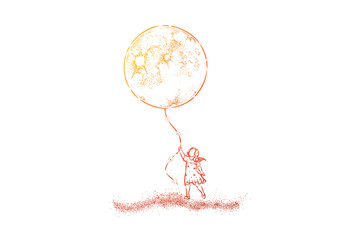 Little girl in dress holding huge moon balloon, faceless preschool child with big present, surreal dream