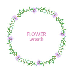 Round floral wreath of sprigs of flowering thyme. Vector illustration of wild flower isolated on white background. A garland of meadow medicinal herbs in a cartoon flat style.