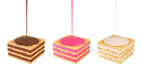 Wafers cubes with chocolate milk and strawberry cream, 3d rendering.