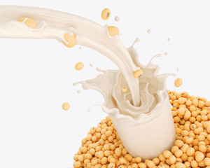 Soy milk pouring into glass with soy beans background, 3d rendering.