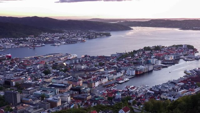 Sunset timelapse. Bergen  city view from Mount Floyen. Bergen, Norway.