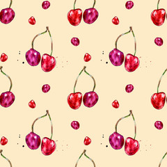 Watercolor seamless pattern from red juicy cherries. Sketch drawing. Food background, painted bright composition. Hand drawn food illustration. Fruit print. Summer sweet fruits and berries.
