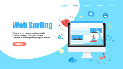 Webpage Template. Surfer surfing a wave web page vector illustration. Web page surfing concept.	