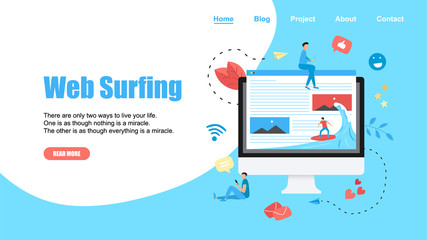 Webpage Template. Surfer surfing a wave web page vector illustration. Web page surfing concept.	