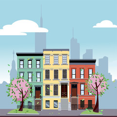 Multicolored multi-party cozy houses on background of skyscrapers of business center of city. Flat cartoon illustration of spring city landscape. Street cityscape with pink flowers and blossom.