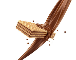 Crispy wafer, with chocolate milk splash, with Clipping path 3d illustration.