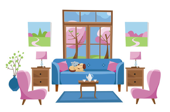 Living room furniture in bright colors on white background. Blue sofa with table, stands, lamps, carpet, porcelain set, soft chairs in room with large window. Outside spring trees. Flat cartoon