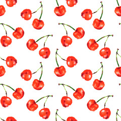 Watercolor seamless pattern from red juicy cherries. Sketch drawing. Food background, painted bright composition. Hand drawn food illustration. Fruit print. Summer sweet fruits and berries.
