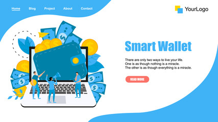 Naklejka premium Webpage Template. Smart wallet with dollar banknotes and coins. Finance bank concepts. 