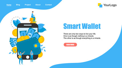 Webpage Template. Smart wallet with dollar banknotes and coins. Finance bank concepts.	