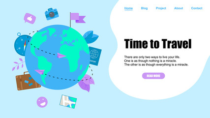 Webpage Template. Concept of Time to Travel. Planet Earth for travel flat design concept with two airplanes	