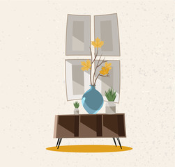 Illustration of an interior group. A coffee table with a glass vase, indoor plants and posters on the wall. Beige wall with rough texture. Flat cartoon style illustration.